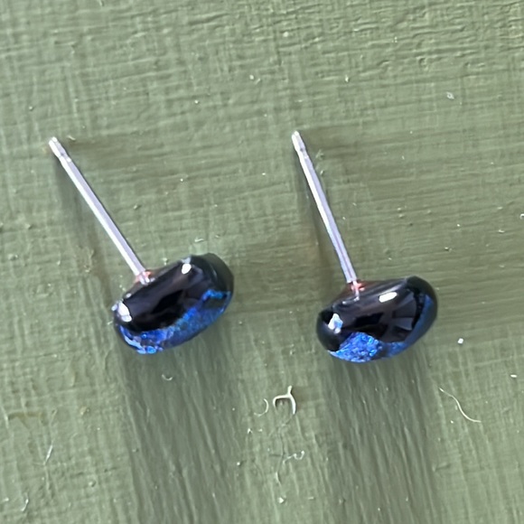 Blue Black Dichroic Glass Post Earrings - Picture 2 of 3